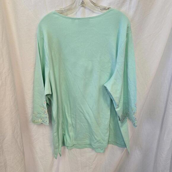Quaker Factory Green Boho Embroidered Beaded Stretch 3/4 sleeves Top 2X NWT - Picture 7 of 12